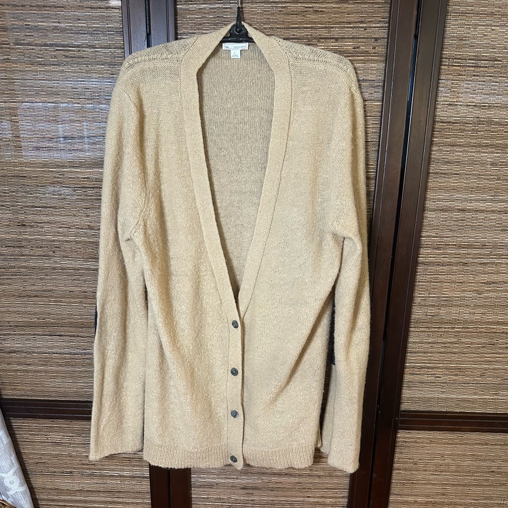 GAP Women's Tan Cardigan Sweater with navy patch elbows